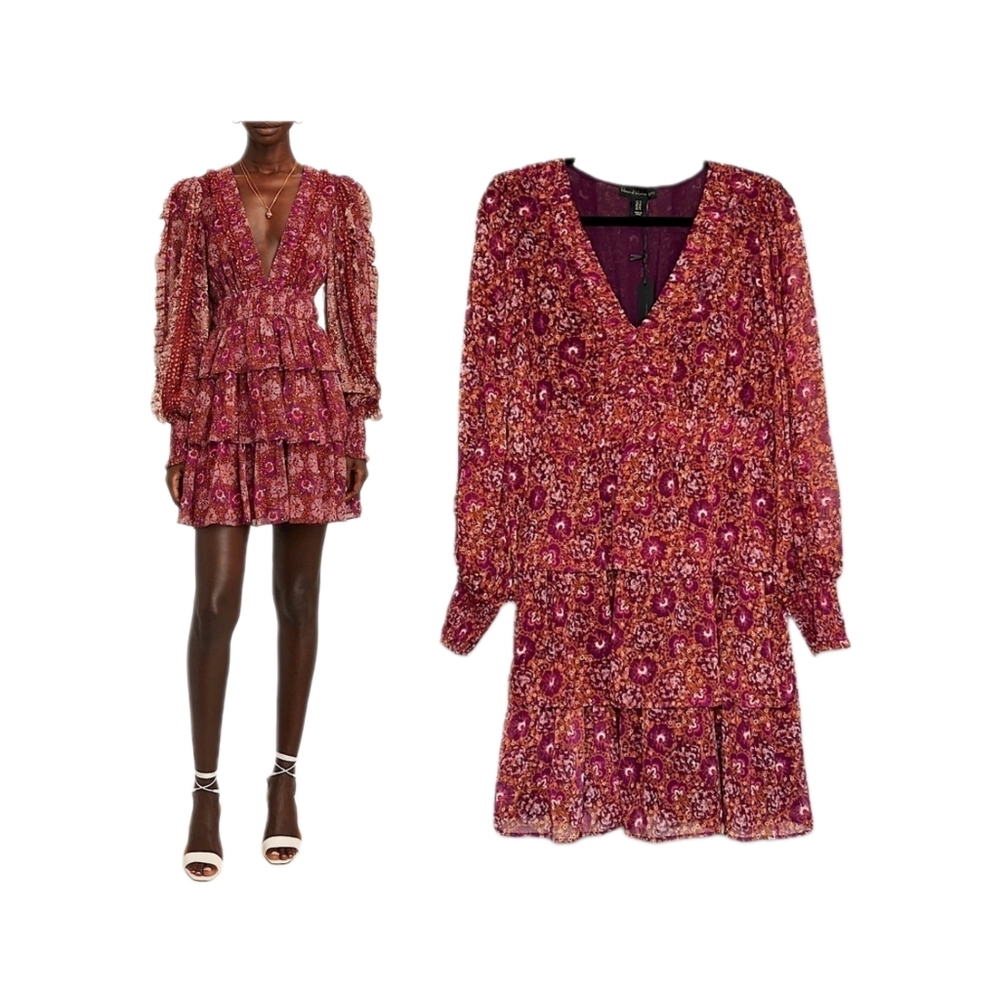 HOUSE of HARLOW Burgundy Floral Tiered Balloon Sleeve Ruffle Dress Sz 8 NWOT
